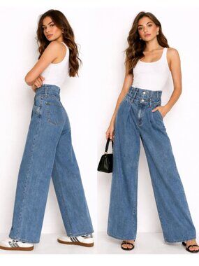 Cider High-Rise Wide Leg Jeans Blue Washed Pleated Denim Size Small / 4